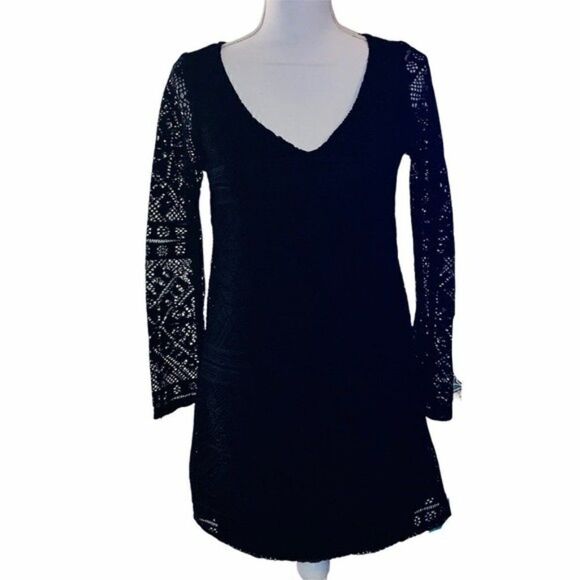 Xhiliration Little Black Lace Dress with V-Neck - Picture 1 of 8